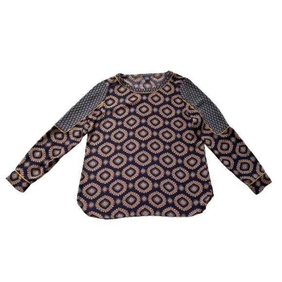 Chelsea & Theodore Blouse Top Navy Medallion Print Boat Neck Long Sleeve Large - Picture 11 of 12